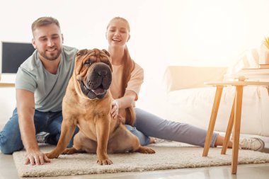 Evde sevimli köpek ile Mutlu çift