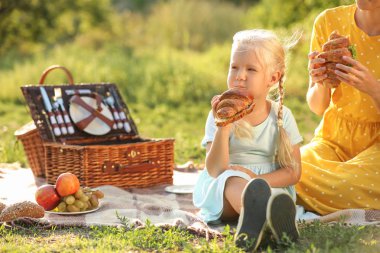 Mutlu anne ve küçük kızı parkta piknikte