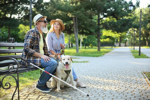 Blind mature man with his daughter and guide dog in park — Stock Photo, Image