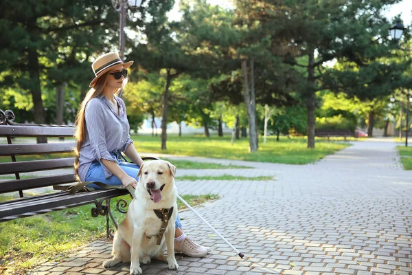 Young blind woman with guide dog in park — Stock Photo, Image