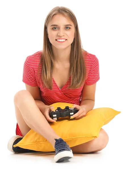 Teenage girl playing video game on white background — Stock Photo, Image