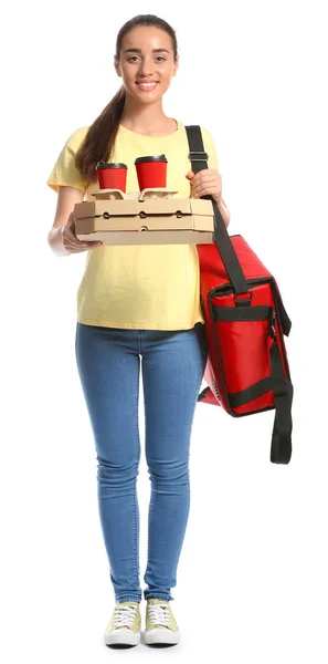 Female worker of food delivery service on white background — Stock Photo, Image