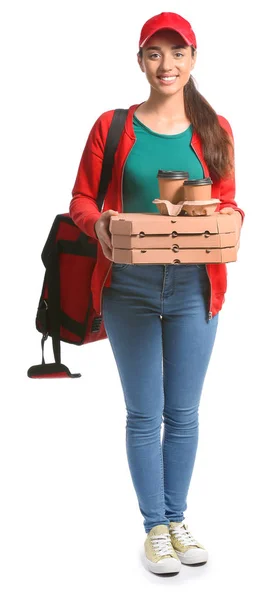 Stock image Female worker of food delivery service on white background