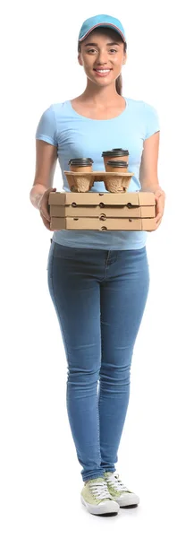 Female worker of food delivery service on white background — Stock Photo, Image