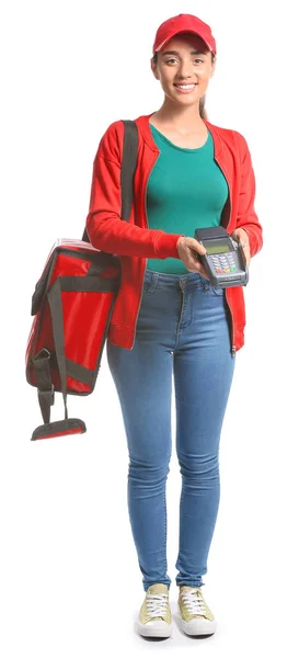 Female worker of food delivery service with payment terminal on white background — Stock Photo, Image