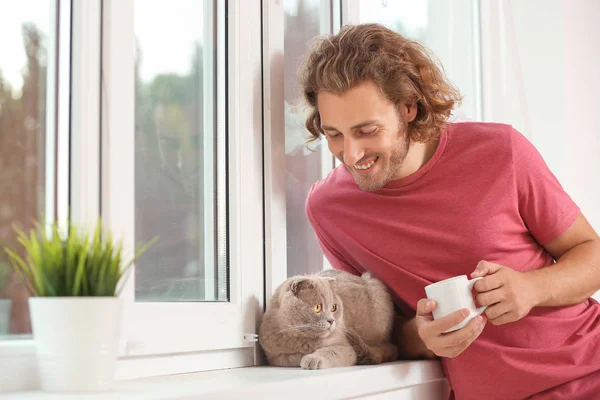 Мужчина с милой забавной кошкой у окна — стоковое фото