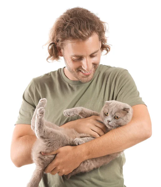Man with cute funny cat on white background — Stock Photo, Image