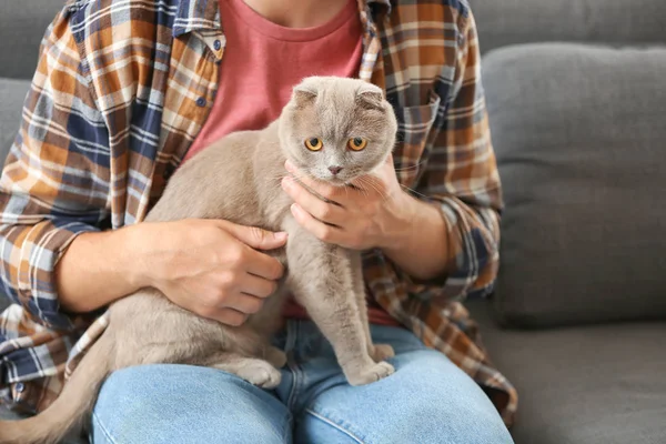 Man with cute funny cat at home — Stock Photo, Image