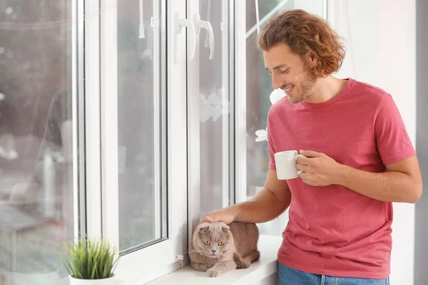 Pencere yakınında sevimli komik kedi ile Adam — Stok fotoğraf