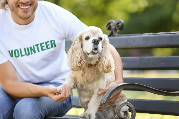 Male volunteer with cute dog sitting on bench outdoors — Stock Photo, Image