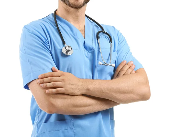 Male nurse with stethoscope on white background — Stock Photo, Image