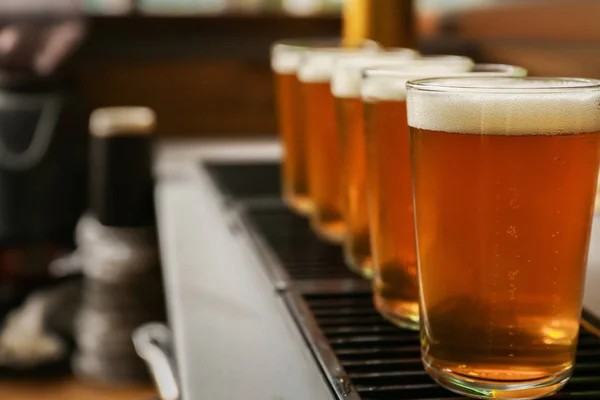 Glasses of fresh draft beer on bar counter — Stock Photo, Image