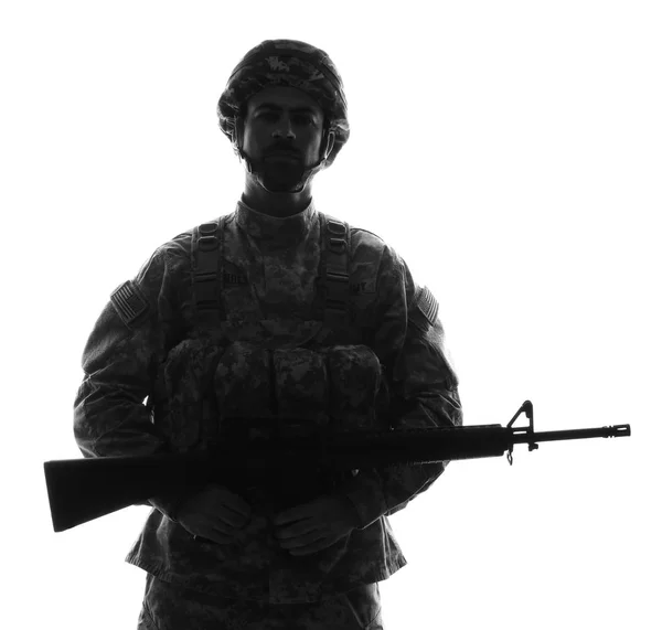 Silhouette of soldier with assault rifle on white background — Stock Photo, Image