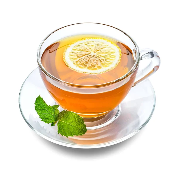 Glass cup of tasty tea with mint and lemon on white background — Stock Photo, Image