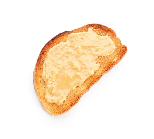 Tasty toasted bread with peanut butter on white background — Stock Photo, Image