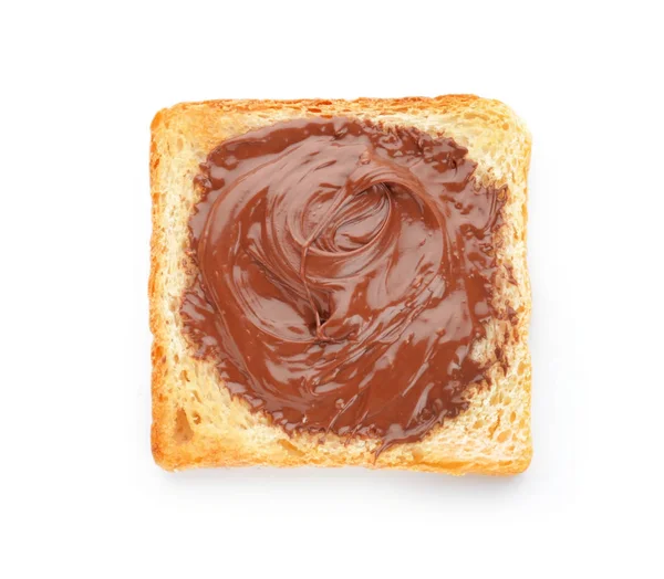 Tasty toasted bread with chocolate paste on white background — Stock Photo, Image