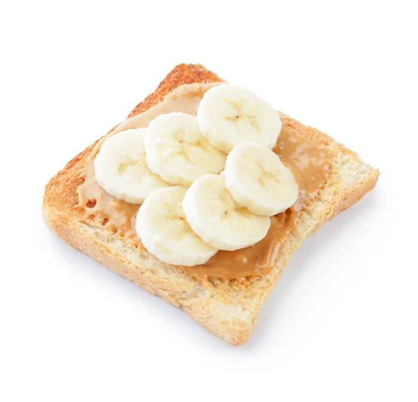 Tasty toasted bread with banana and peanut butter on white background — Stock Photo, Image