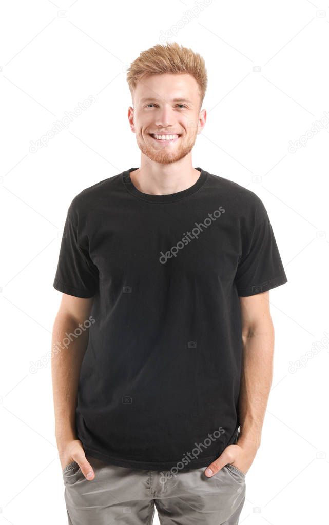 Man in stylish t-shirt on white background