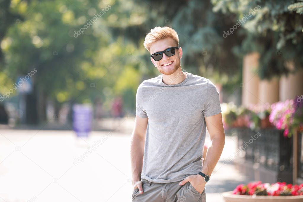 Man in stylish t-shirt outdoors