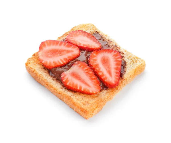 Tasty toasted bread with strawberry and chocolate on white background — Stock Photo, Image