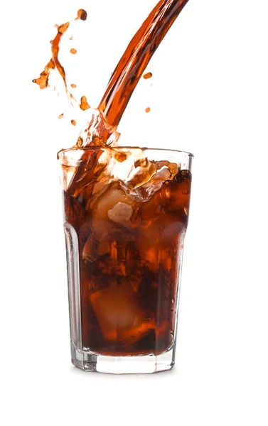 Pouring of cold cola into glass on white background — Stock Photo, Image