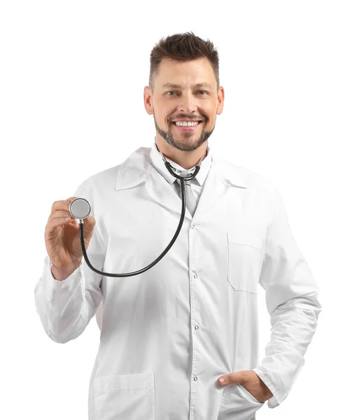 Male doctor with stethoscope on white background — Stock Photo, Image