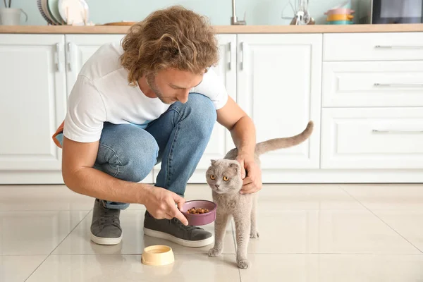 Man feeding cute funny cat in kitchen — Stock Photo, Image