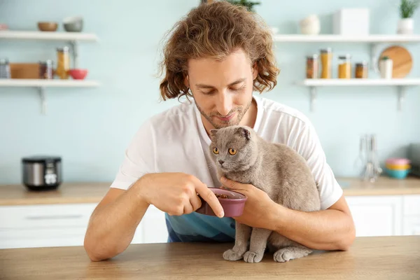 Man feeding cute funny cat in kitchen — Stock Photo, Image