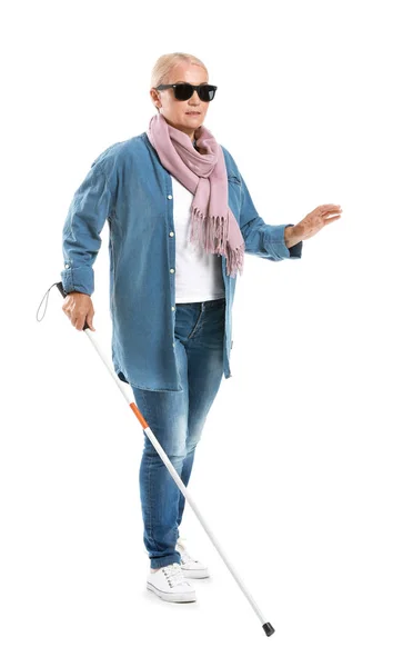 Blind mature woman on white background — Stock Photo, Image