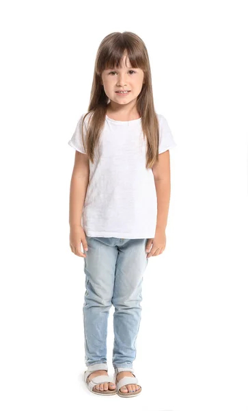 Menina no elegante t-shirt no fundo branco — Fotografia de Stock