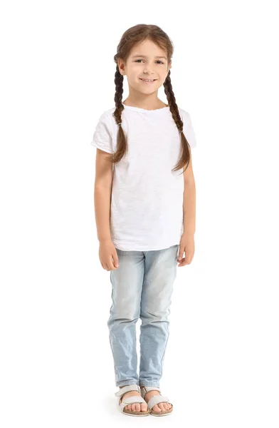 Bambina in elegante t-shirt su sfondo bianco — Foto Stock