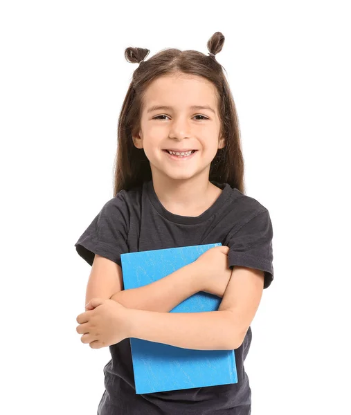 Nettes kleines Mädchen mit Buch auf weißem Hintergrund — Stockfoto