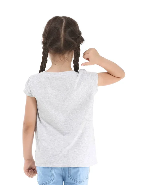 Niña en elegante camiseta sobre fondo blanco, vista trasera —  Fotos de Stock