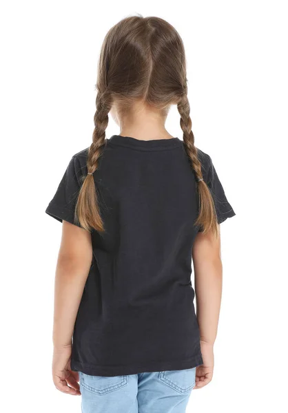 Dziewczynka w stylowej koszulce na białym tle, widok z tyłu — Zdjęcie stockowe
