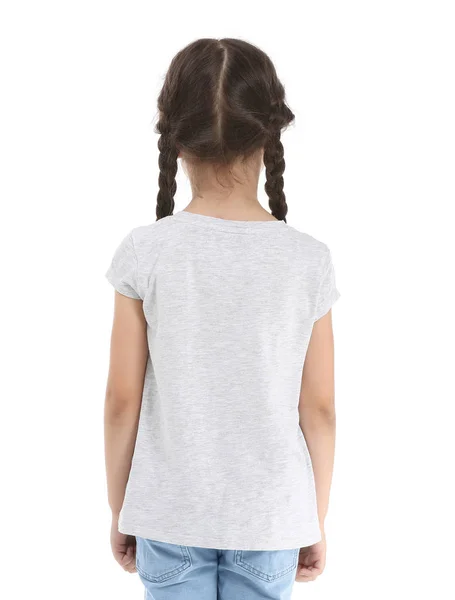 Kleines Mädchen in stylischem T-Shirt auf weißem Hintergrund, Rückseite — Stockfoto