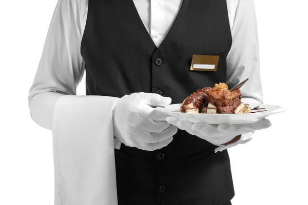 Przystojny kelner z deser na białym tle, zbliżenie — Zdjęcie stockowe
