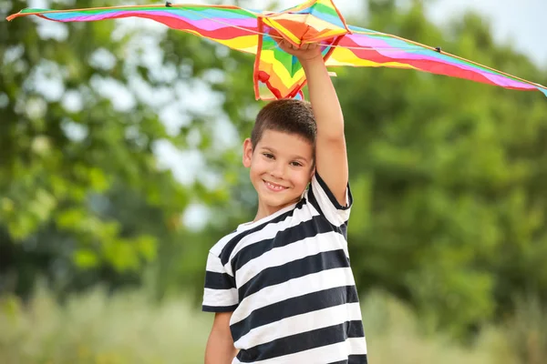 Liten pojke flygande kite utomhus — Stockfoto