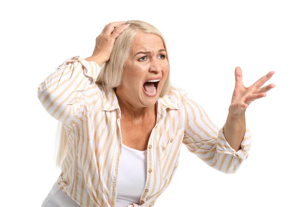 Angry mature woman on white background — Stock Photo, Image