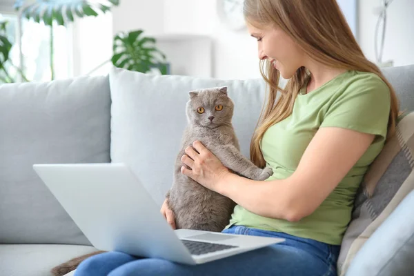 Hermosa mujer con lindo gato y portátil sentado en el sofá en casa —  Fotos de Stock