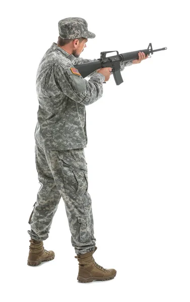 Soldier in camouflage taking aim on white background — Stock Photo, Image