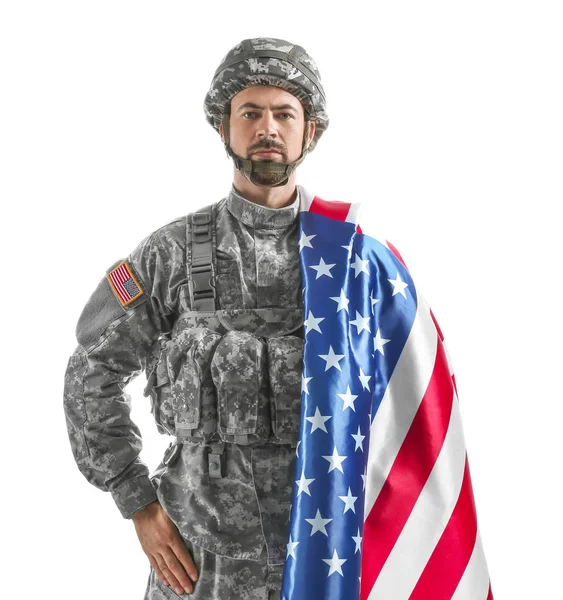 Soldier with national flag of USA on white background — Stock Photo, Image