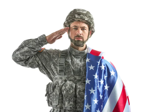 Saluting soldier with national flag of USA on white background — Stock Photo, Image