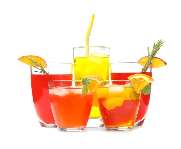 Different tasty cocktails on white background — Stock Photo, Image