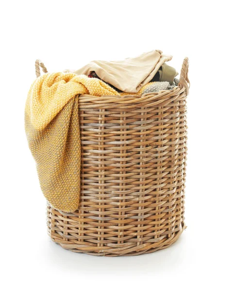 Basket with dirty laundry on white background — Stock Photo, Image