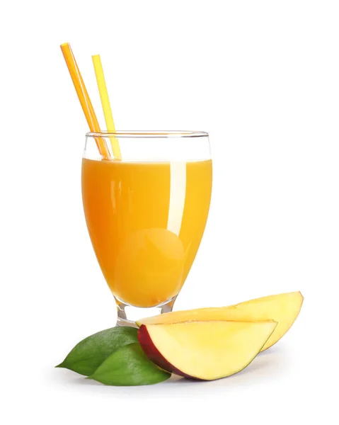 Glass of tasty mango juice on white background — Stock Photo, Image