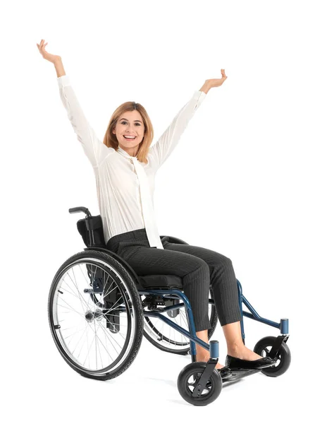 Happy businesswoman in wheelchair on white background — Stock Photo, Image