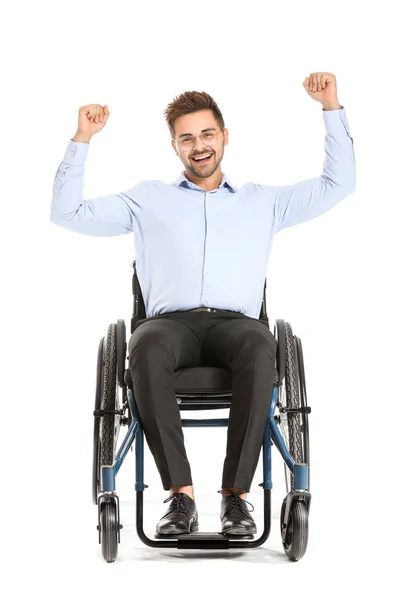 Happy businessman in wheelchair on white background — Stock Photo, Image