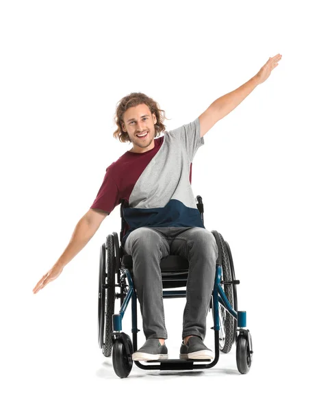 Hombre feliz en silla de ruedas sobre fondo blanco — Foto de Stock