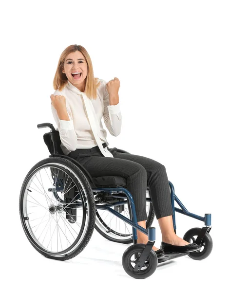 Happy businesswoman in wheelchair on white background — Stock Photo, Image
