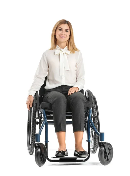 Beautiful businesswoman in wheelchair on white background — Stock Photo, Image